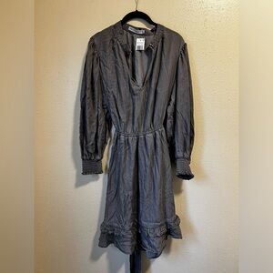 Rebecca Minkoff Women’s Gray Tencel Shirt Dress Button Neck Ruffle Hem Size L